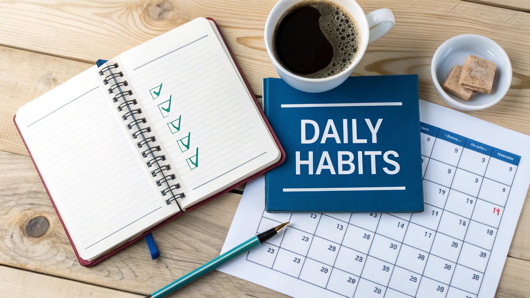 A flat lay showing a notebook with checkmarks, 'Daily Habits' book, coffee, and calendar.