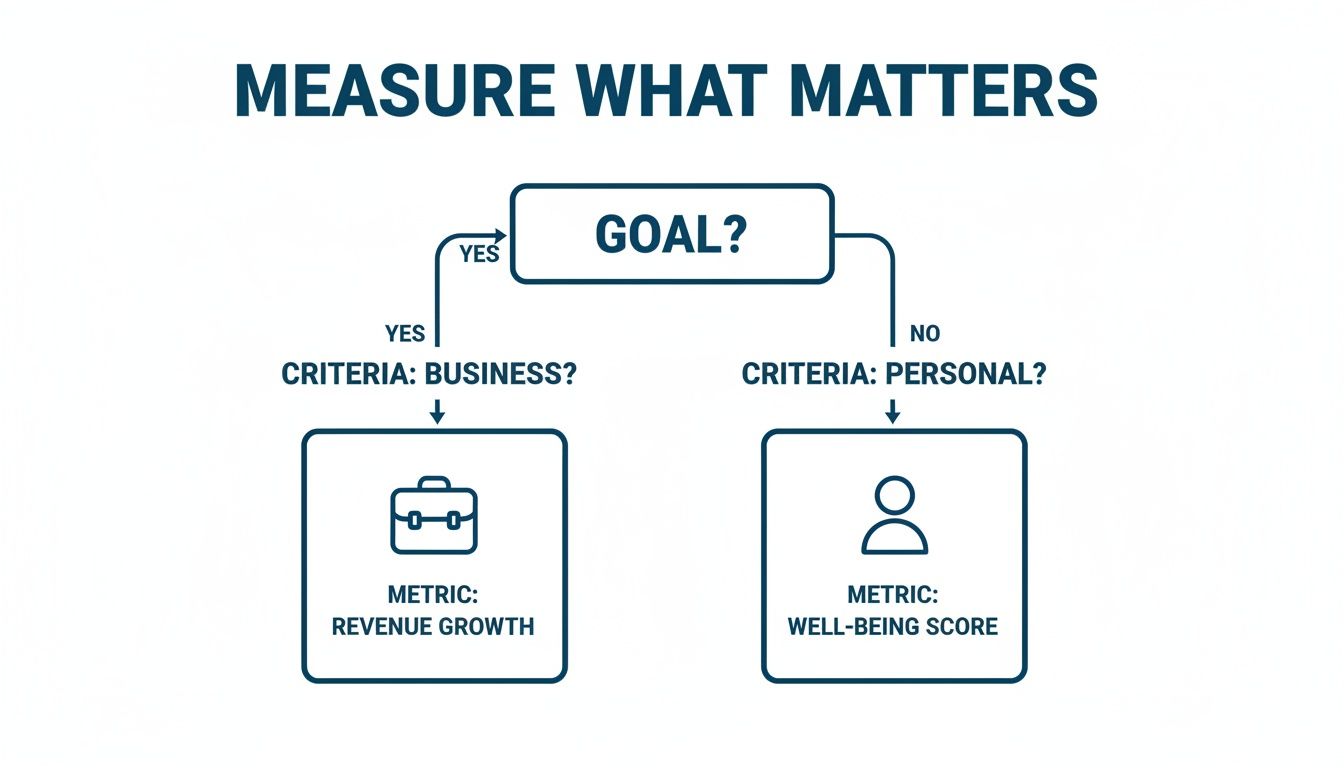 A flowchart illustrating how to measure what matters, distinguishing between business and personal goals for metrics.