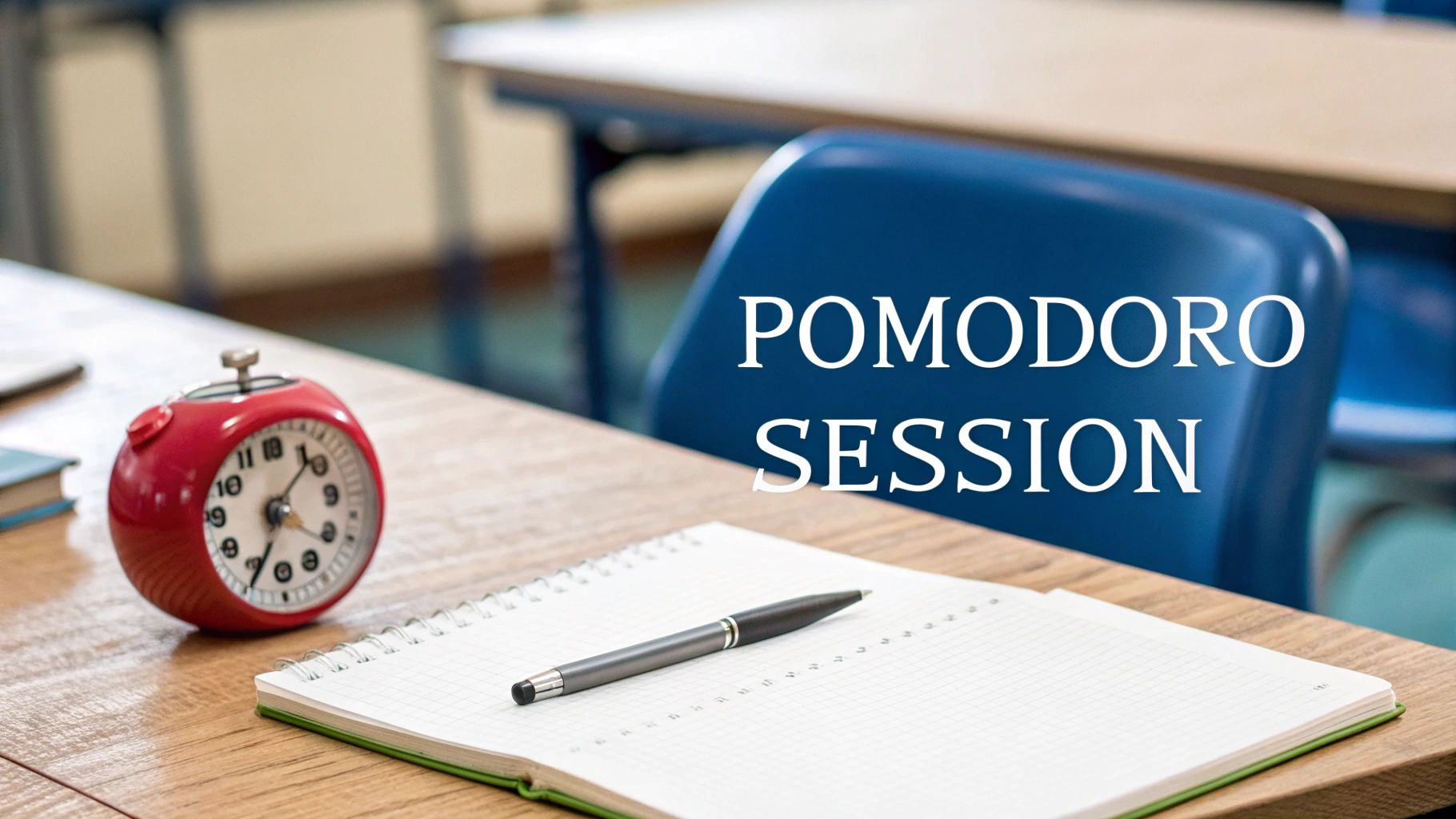 A desk with a red alarm clock, notebook, and pen, displaying 'POMODORO SESSION'.