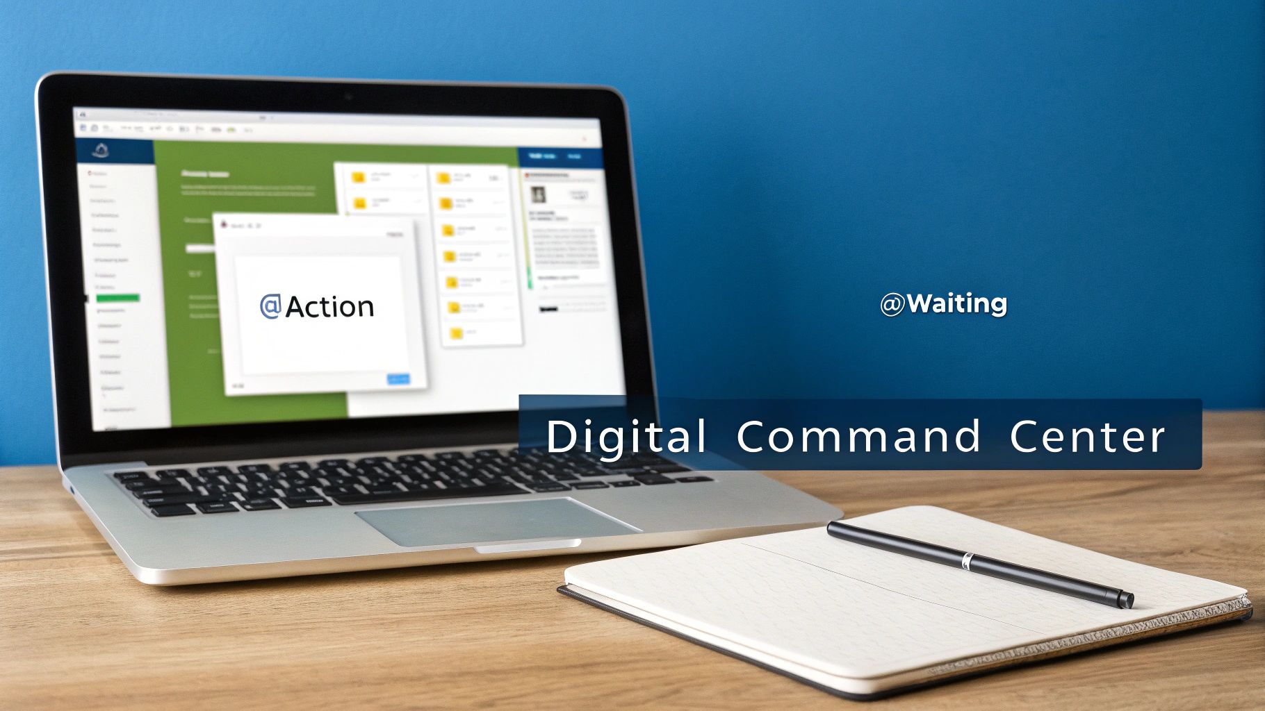 A laptop screen displays a 'Digital Command Center' interface with an '@ Action' pop-up, next to a notebook and pen.