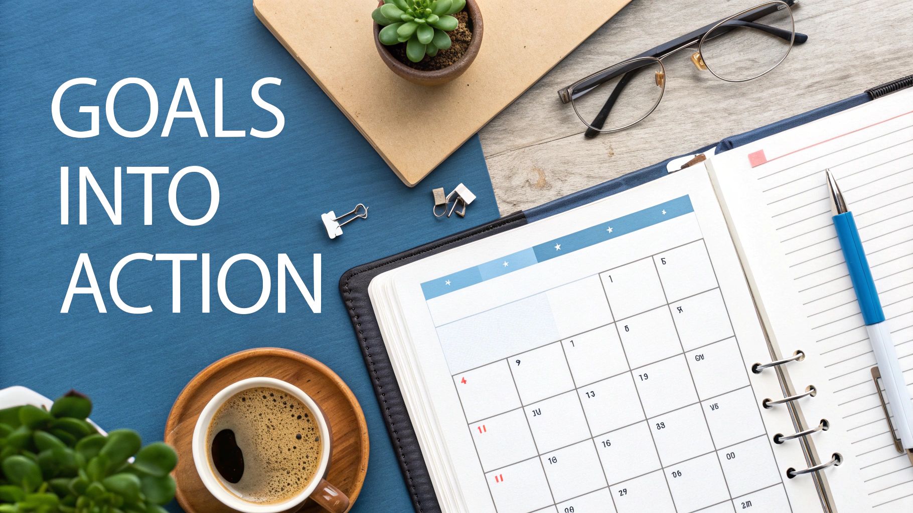 Goals into action text with calendar, planner, coffee, glasses and succulent on desk