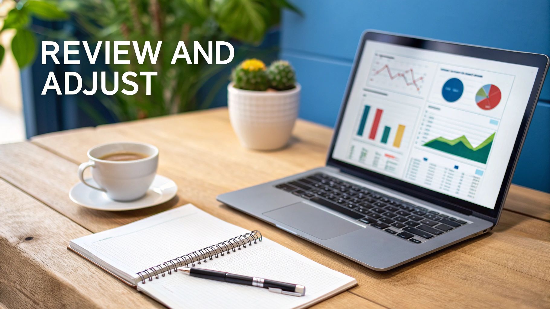 Laptop showing business analytics charts, coffee cup, notebook, and pen on a wooden desk with 'REVIEW AND ADJUST' text.