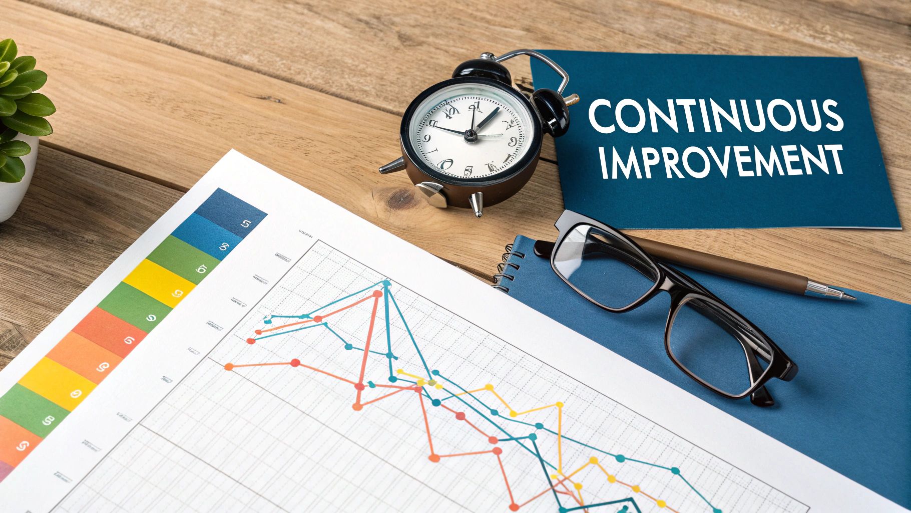 A wooden desk shows a document with a line graph and colorful bar chart, an alarm clock, glasses, a pen, and a blue card with 'CONTINUOUS IMPROVEMENT' text.