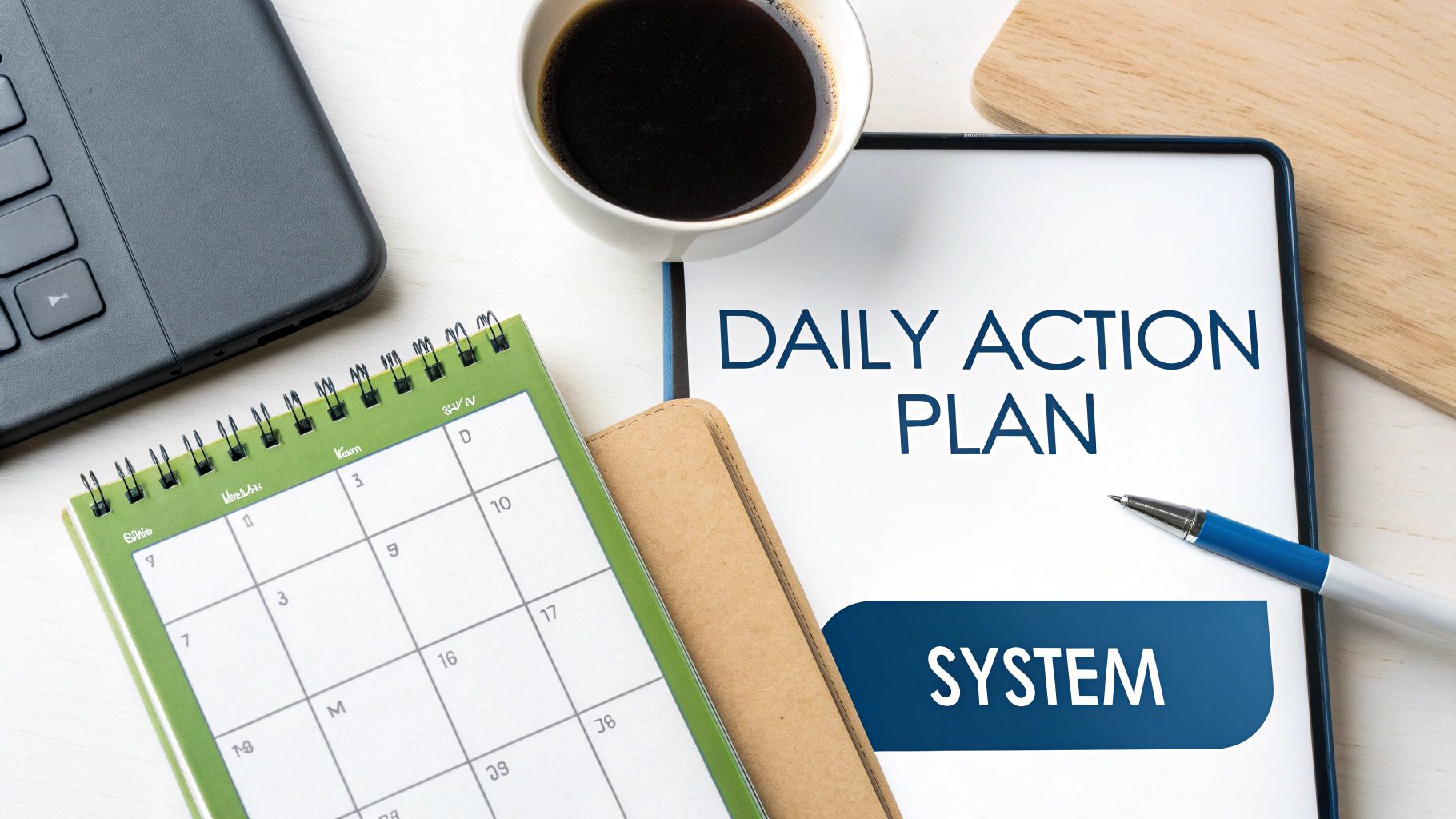 Desk flat lay with a tablet displaying 'Daily Action Plan System', a calendar, coffee, laptop, and pen.