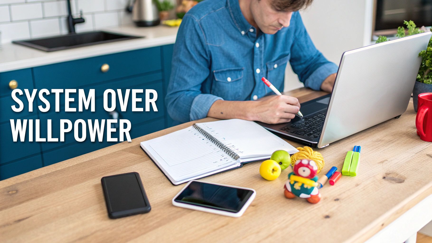 A man in a denim shirt writes in a notebook while working on a laptop at a wooden kitchen table. Text reads: SYSTEM OVER WILLPOWER.