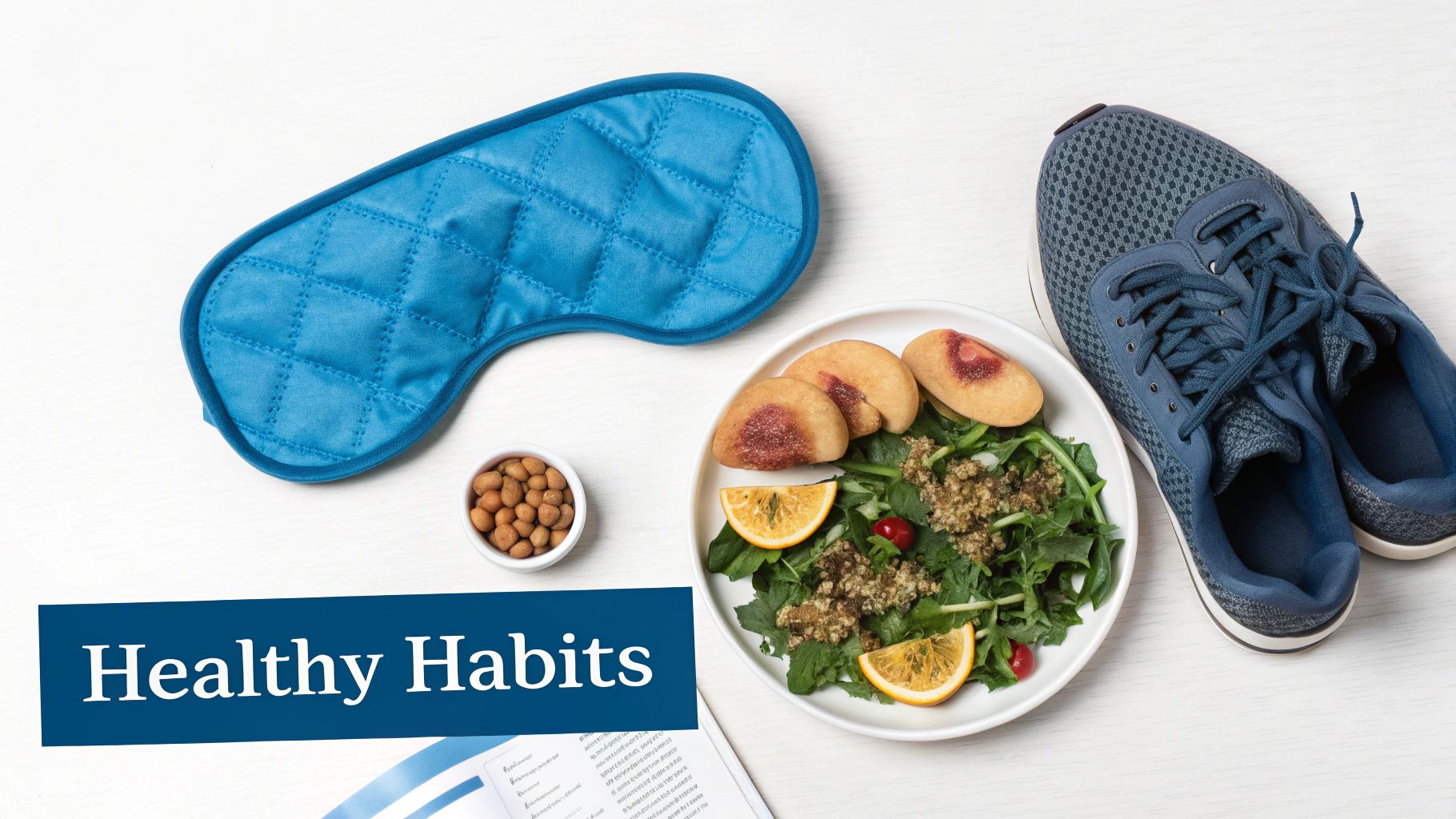 A flat lay displaying elements of healthy habits: a blue sleep mask, a fresh salad, nuts, and running shoes.