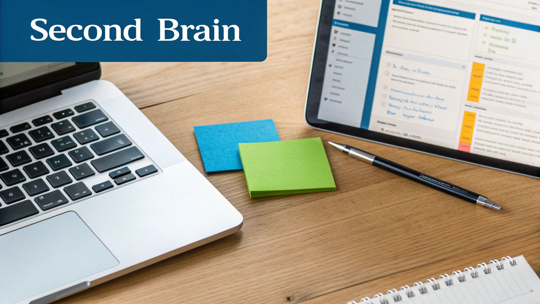 A wooden desk with a laptop, a tablet showing digital notes, a pen, and colorful sticky notes. A blue banner with 'Second Brain' text is at the top left.