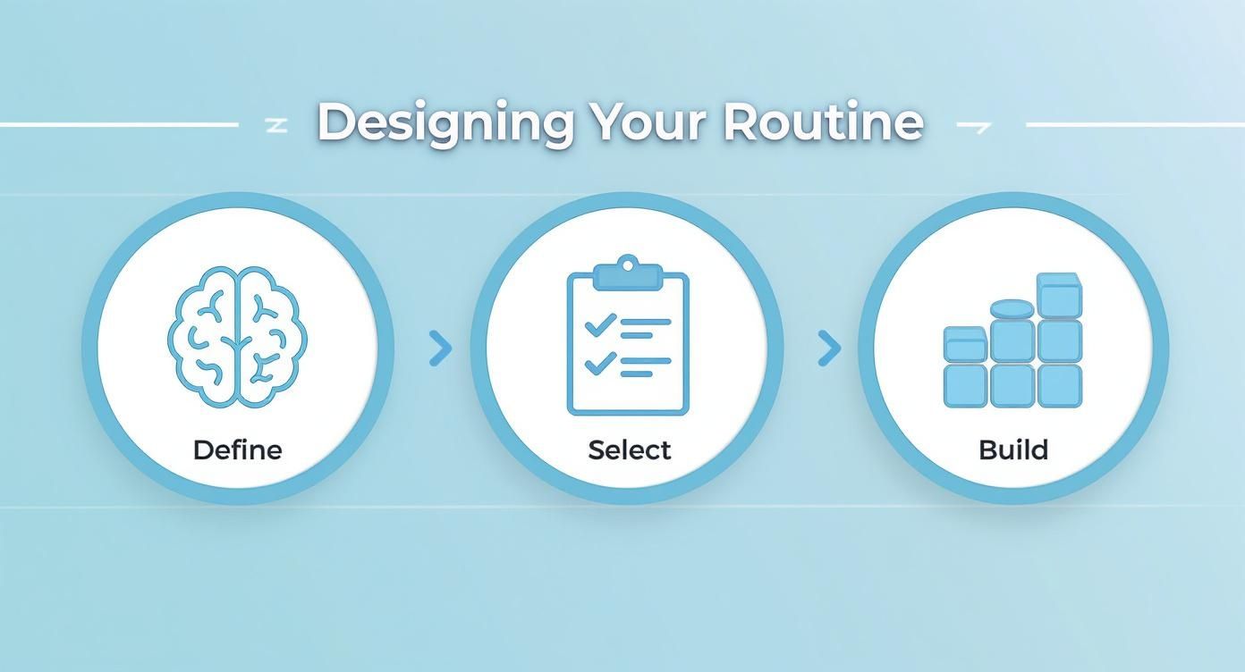 A three-step infographic titled 'Designing Your Routine' with icons for Define (brain), Select (checklist), and Build (blocks).