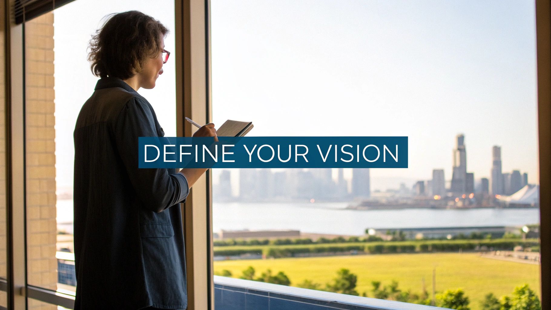 A woman holding a notebook and pen looks out a window at a city skyline, defining her vision.