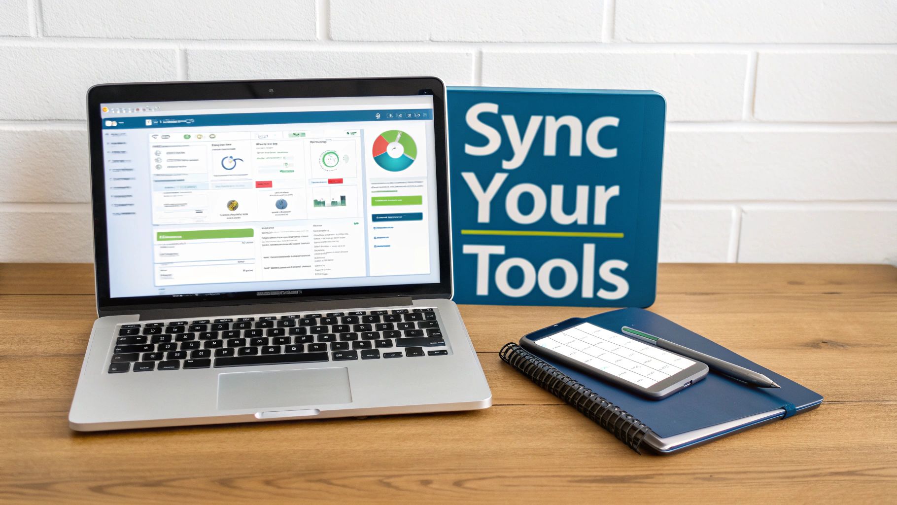 A laptop displaying data dashboards, a smartphone, a pen, and a 'Sync Your Tools' sign on a wooden desk.