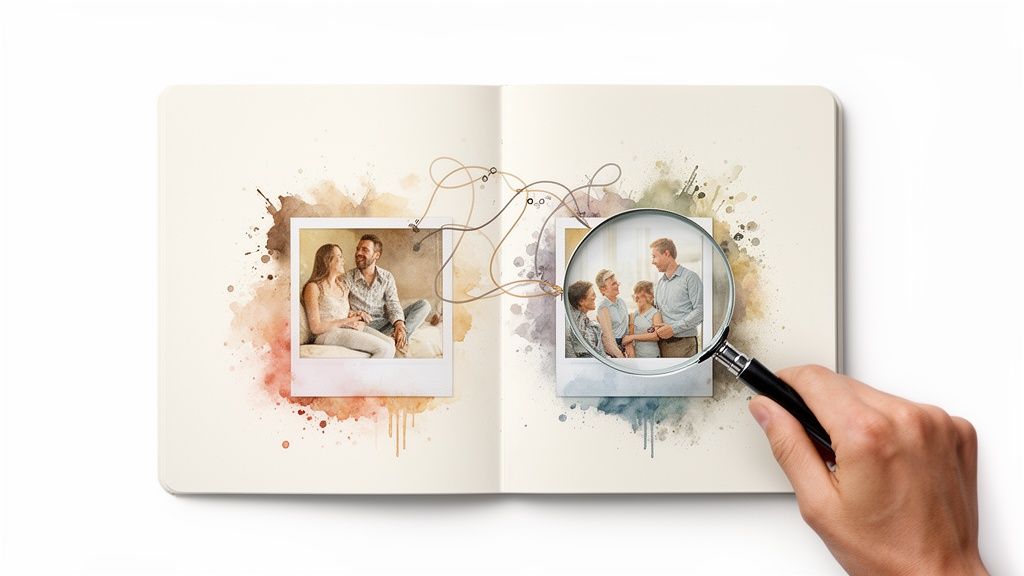 Open journal displays photos of a couple and a family, connected by lines, with a magnifying glass.
