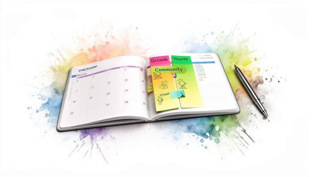 An open planner with colorful tabs for Growth, Health, and Community, showing organized life goals, next to a pen.