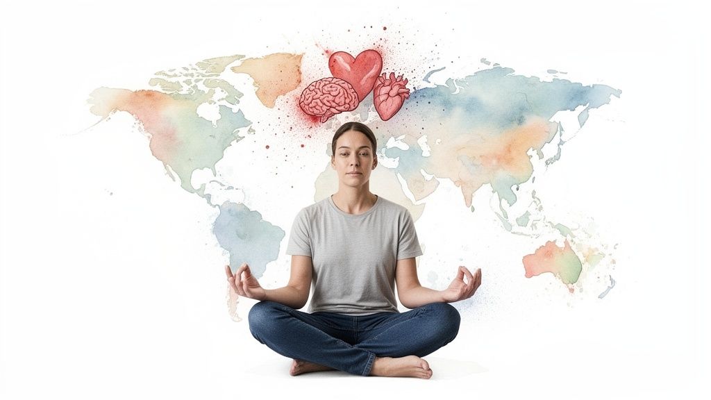 A person meditating in front of a watercolor world map with brain and heart symbols floating above.