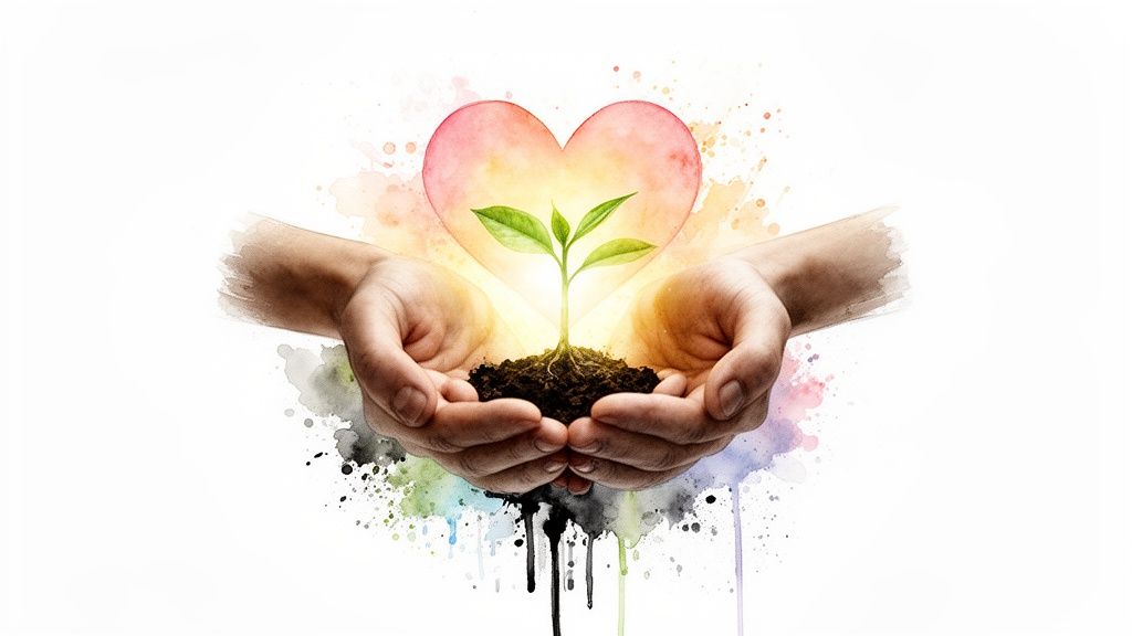 Hands cupped together nurturing a glowing green plant sprout with a vibrant watercolor heart.