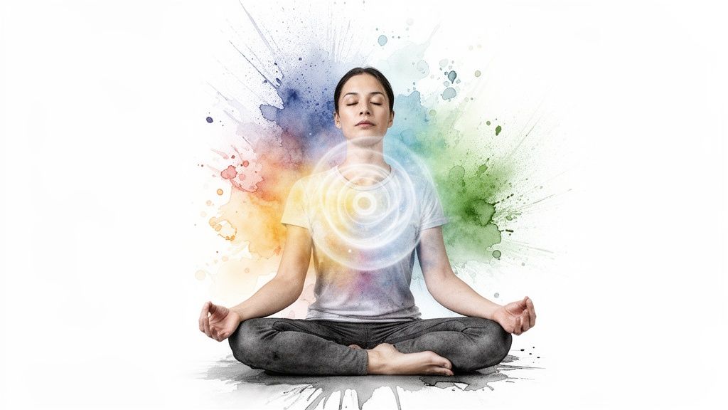 A woman meditating peacefully in lotus pose with closed eyes, surrounded by colorful watercolor splatters and a glowing aura.