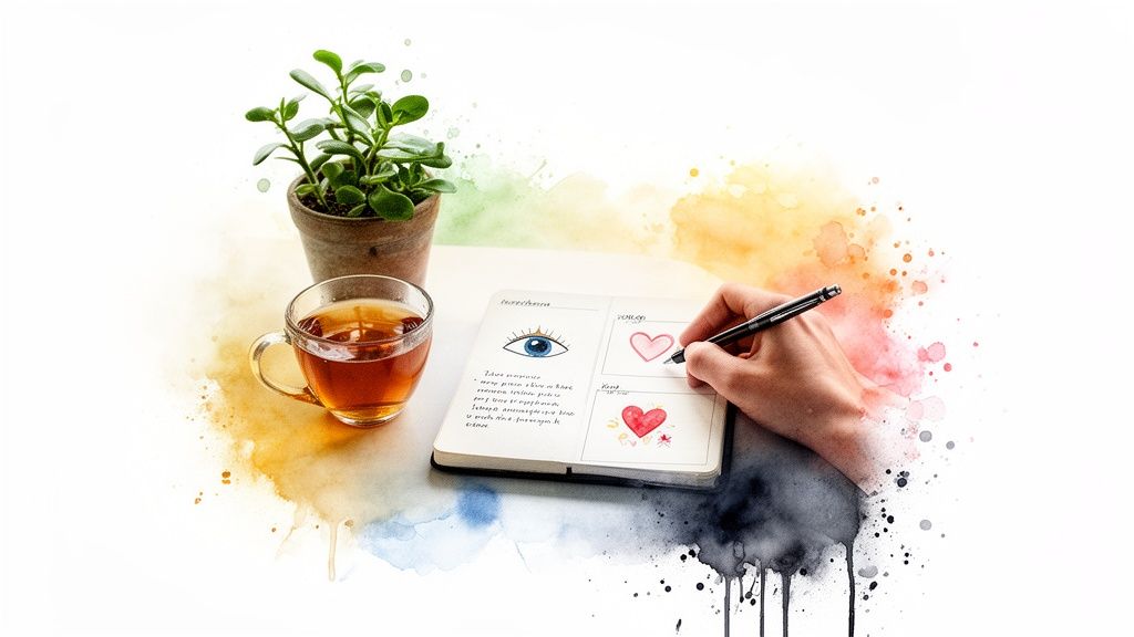 A hand writes in a journal with drawings of an eye and hearts, next to tea and a plant, surrounded by watercolor splatters.