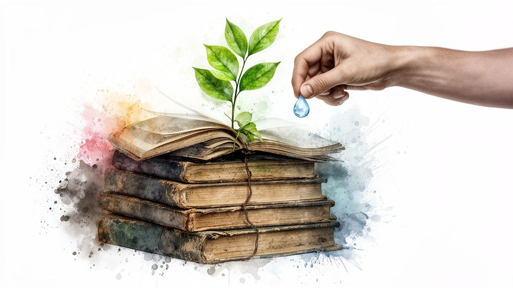 A hand waters a green plant growing from a stack of old books, symbolizing knowledge and growth.