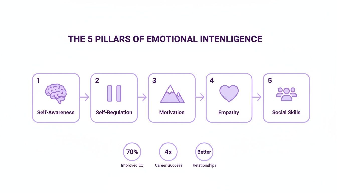 Diagram showing the 5 pillars of emotional intelligence: self-awareness, self-regulation, motivation, empathy, and social skills.