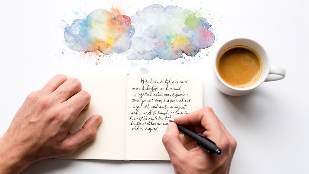 Overhead view of hands writing in a notebook, with a coffee cup and watercolor clouds.