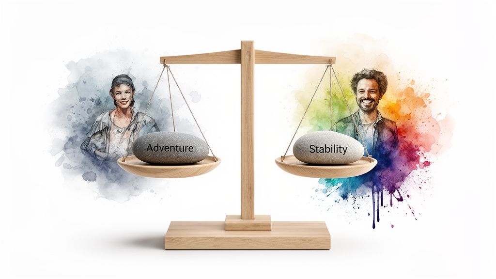 A balanced scale shows 'Adventure' with a woman and 'Stability' with a man, representing life choices.