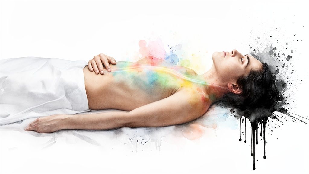 A person lying down with colorful energy flowing through their body and dark splashes near their head.