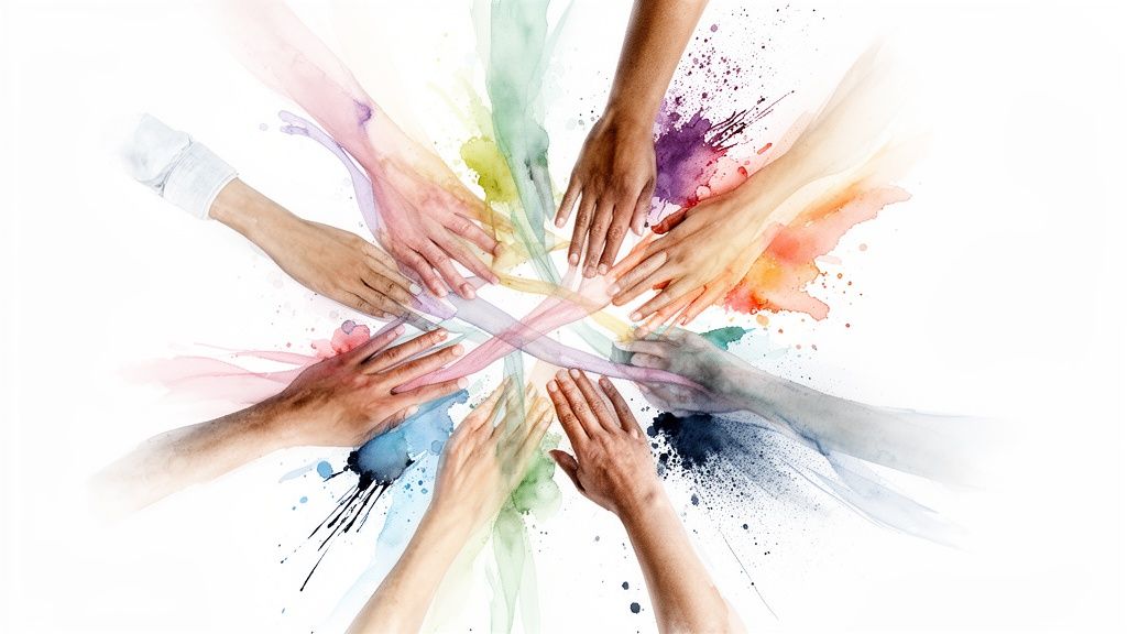 Diverse hands reaching inwards, forming a colorful circle with watercolor paint splashes, symbolizing unity and collaboration.