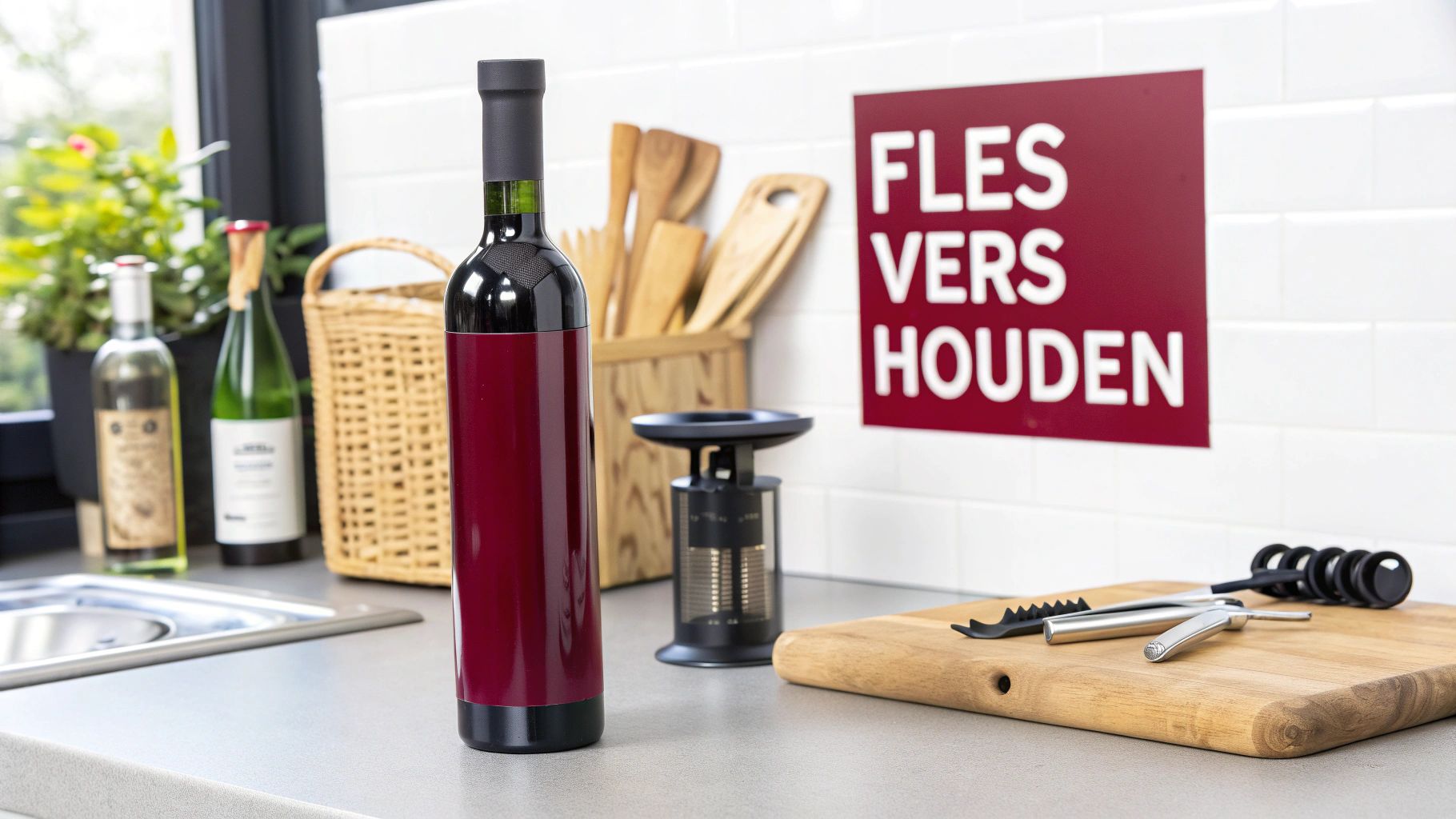 Een geopende fles rode wijn naast een glas en een vacuümpomp.