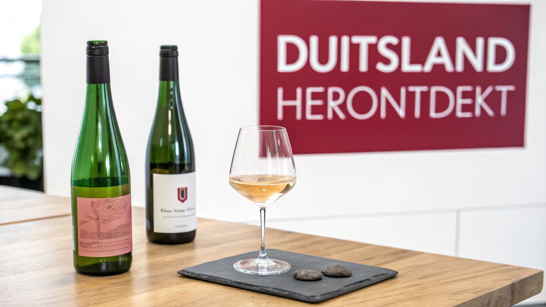 Een glas Duitse wijn met op de achtergrond een wijngaard