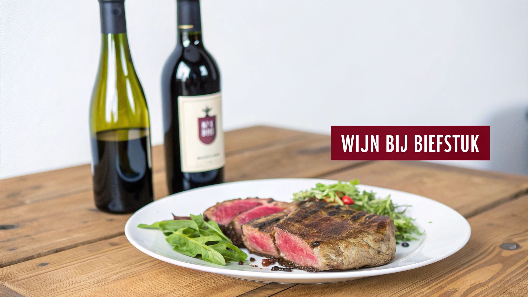 Rode wijn wordt ingeschonken naast een bord met biefstuk