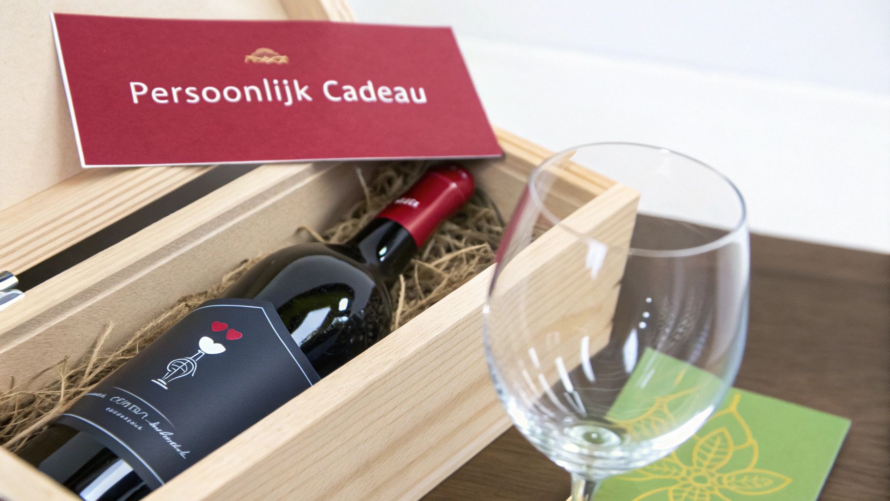 Een prachtig ingepakt wijncadeau wordt overhandigd.