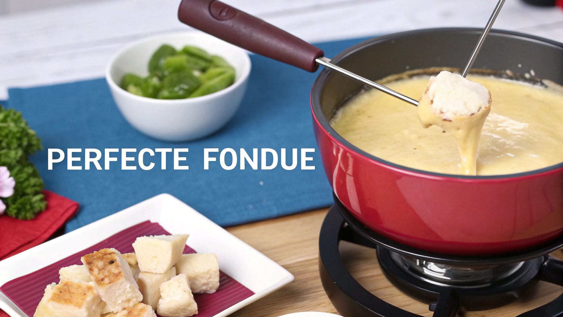 Een traditionele kaasfonduepan, of caquelon, op een rechaud