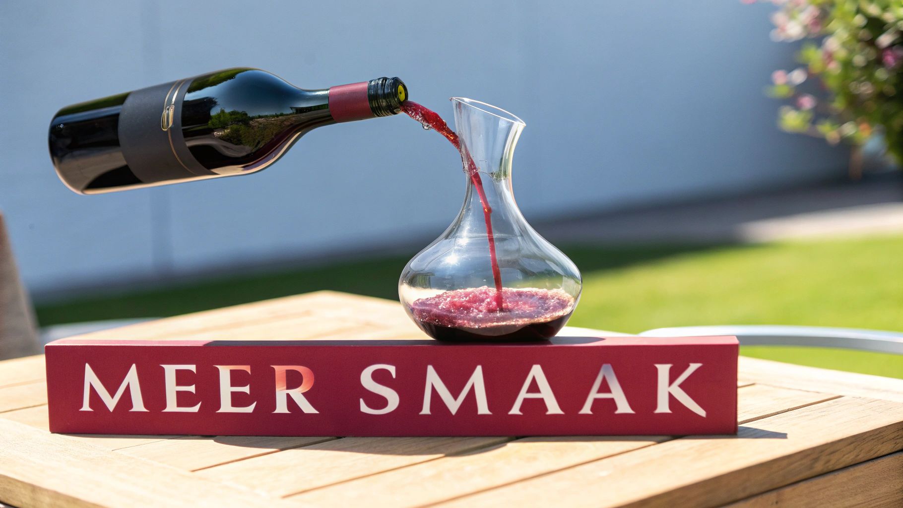 Een decanteerkaraf gevuld met rode wijn staat naast een wijnglas, klaar om geserveerd te worden.