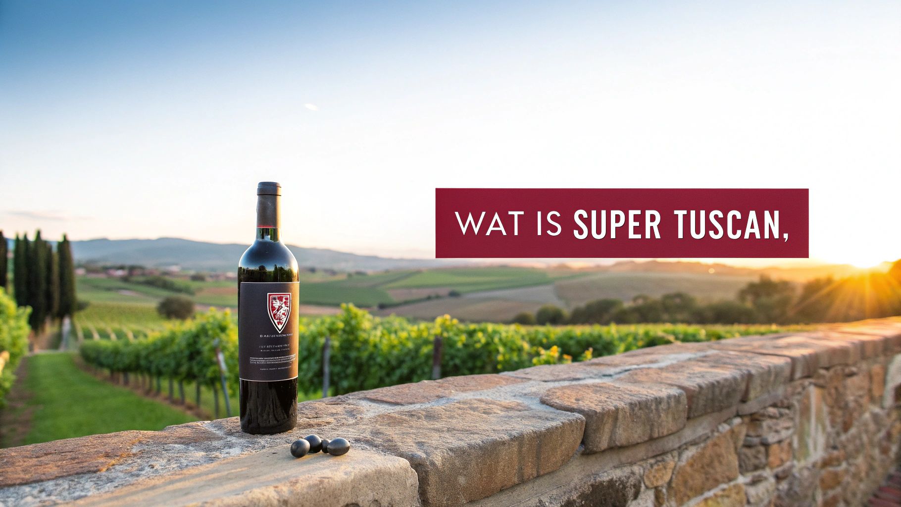 Een glas rode Super Tuscan wijn met op de achtergrond een wijngaard in Toscane