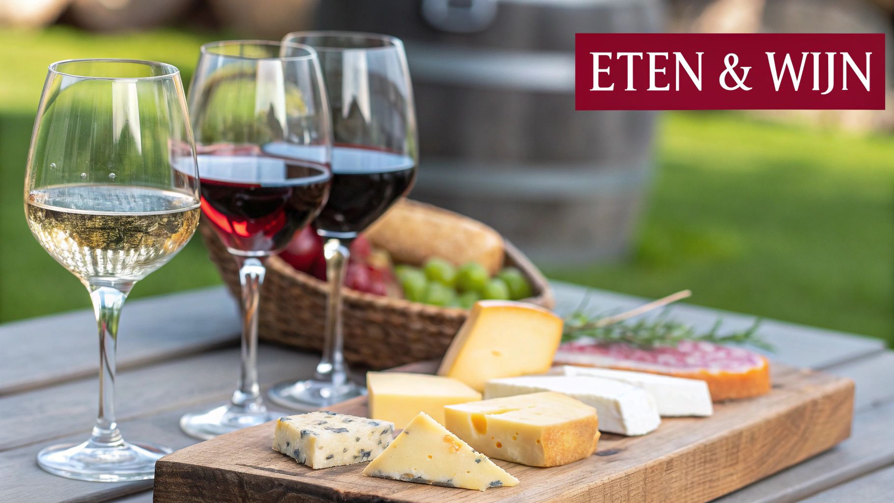 Een rustieke houten tafel met een glas rode Côte du Rhône, een kaasplank en een stoofschotel.