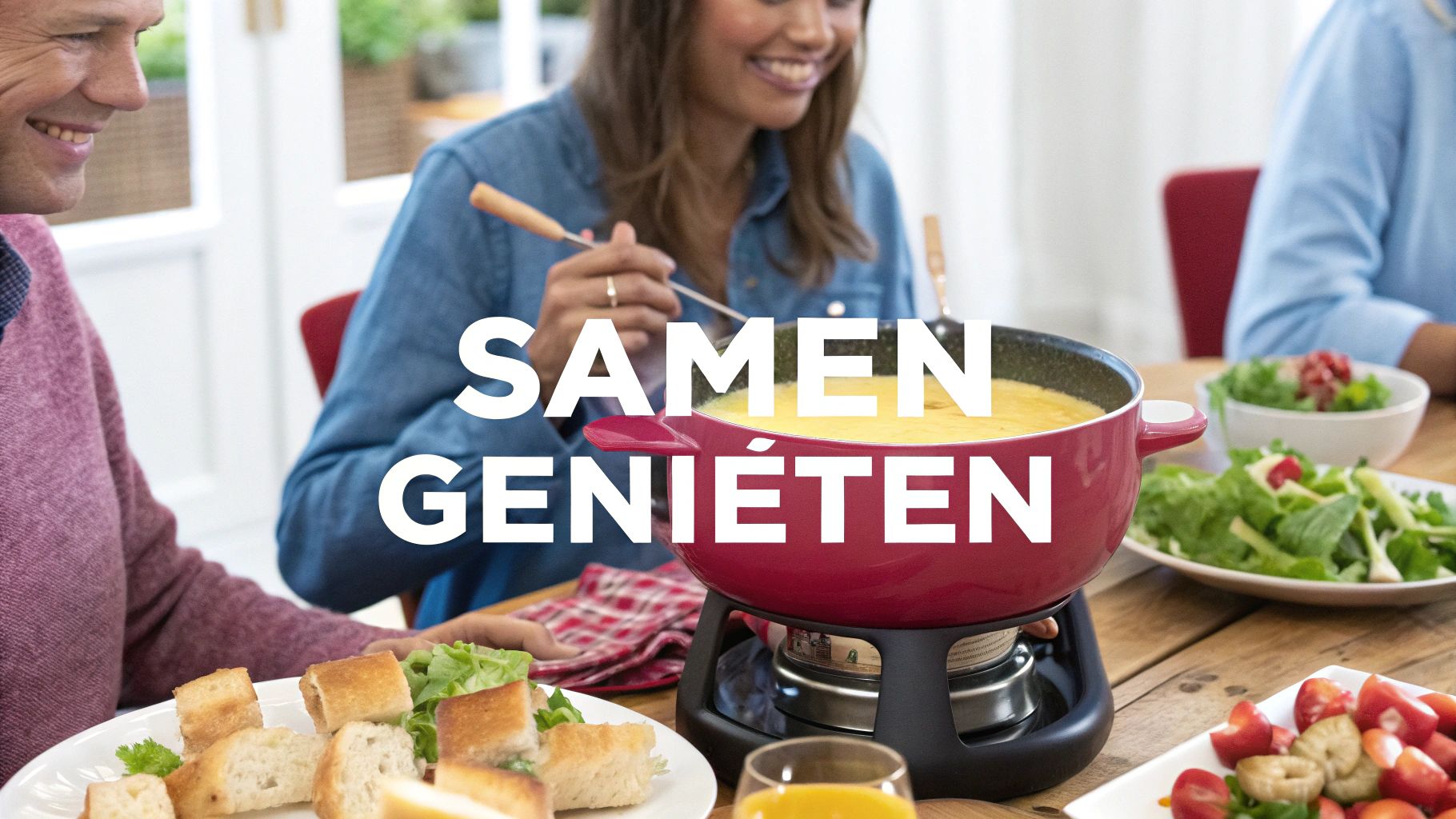 Een gezellige kaasfondue maaltijd met verschillende dippers en wijn