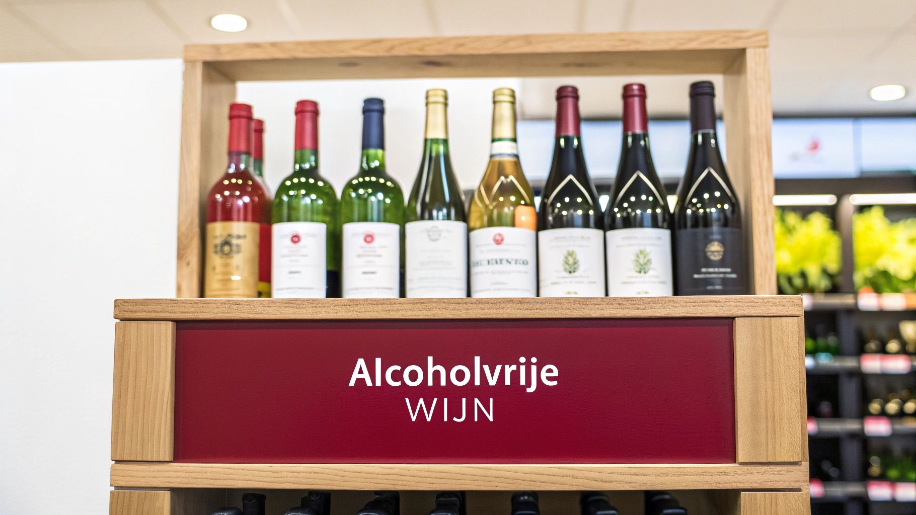Een selectie van flessen alcoholvrije wijn met druiven en een wijnglas