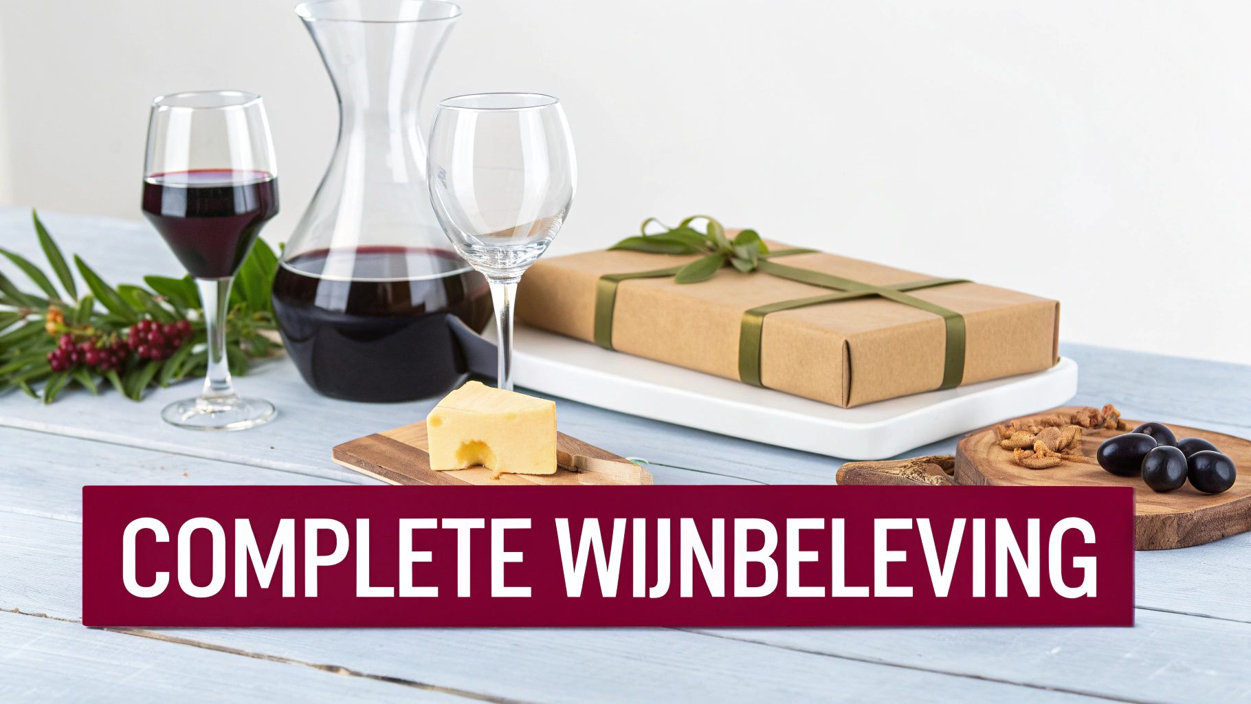 Een gepersonaliseerde houten wijnkist met glazen, een fles wijn en een kurkentrekker.