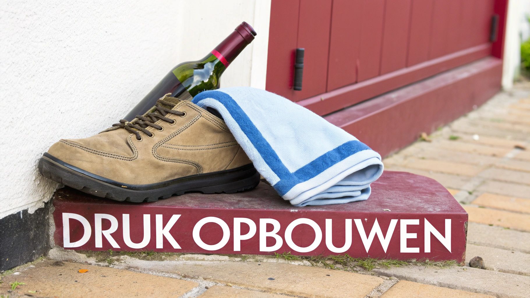 Een fles wijn wordt horizontaal gehouden, klaar om tegen een muur te tikken.