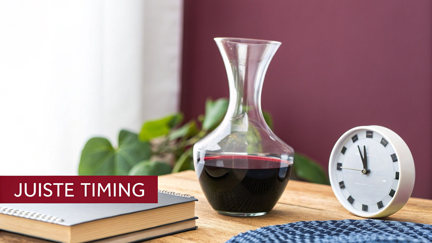 Een zandloper naast een fles rode wijn, symboliseert de timing van decanteren.