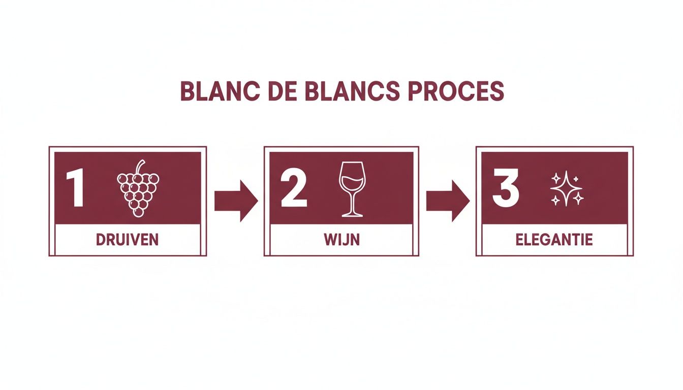 Schema van het Blanc de Blancs proces, met stappen van druiven naar wijn en elegantie.