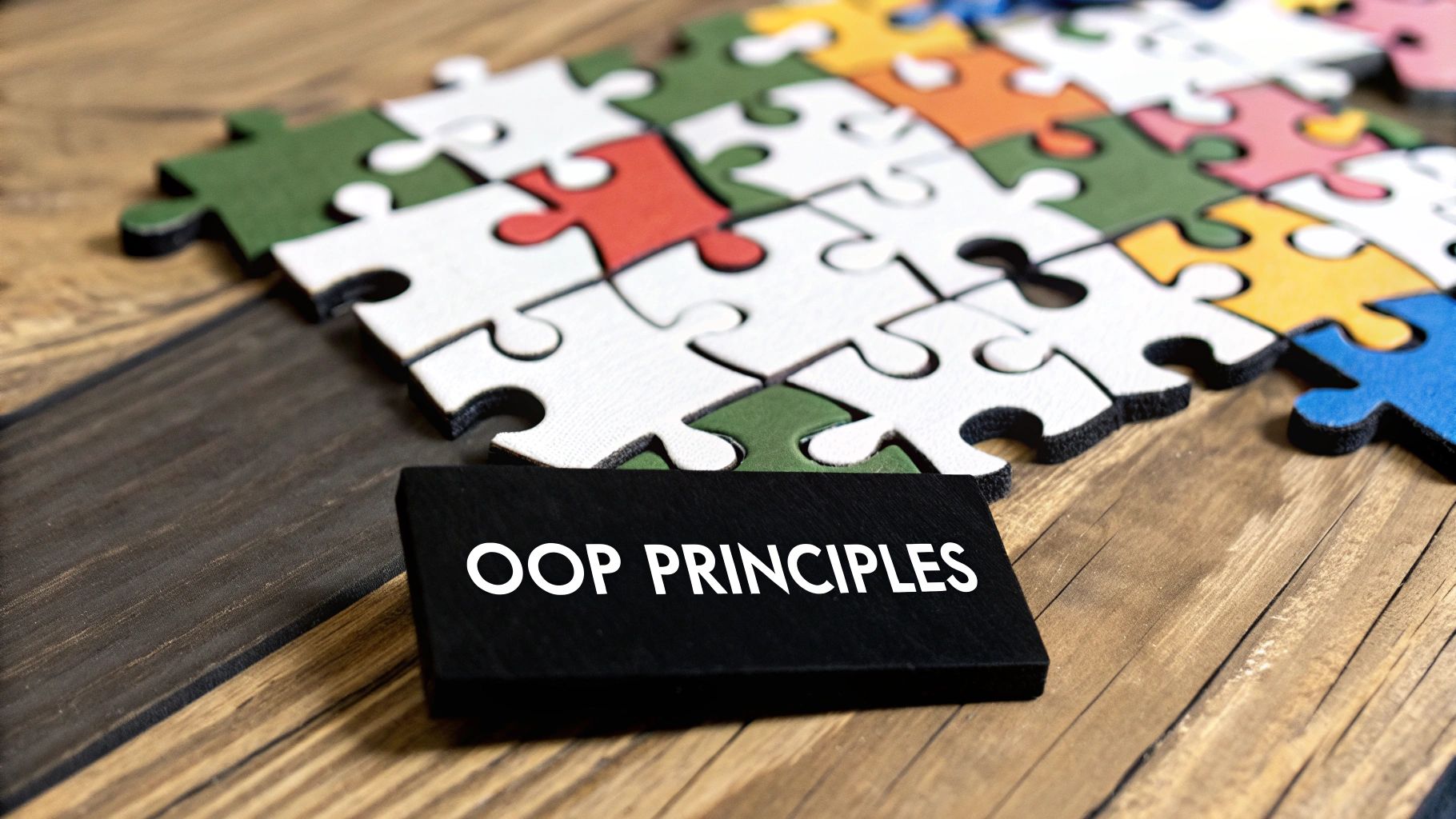 An illustration of the four main principles of Object-Oriented Programming: Encapsulation, Abstraction, Inheritance, and Polymorphism, with icons representing each concept.