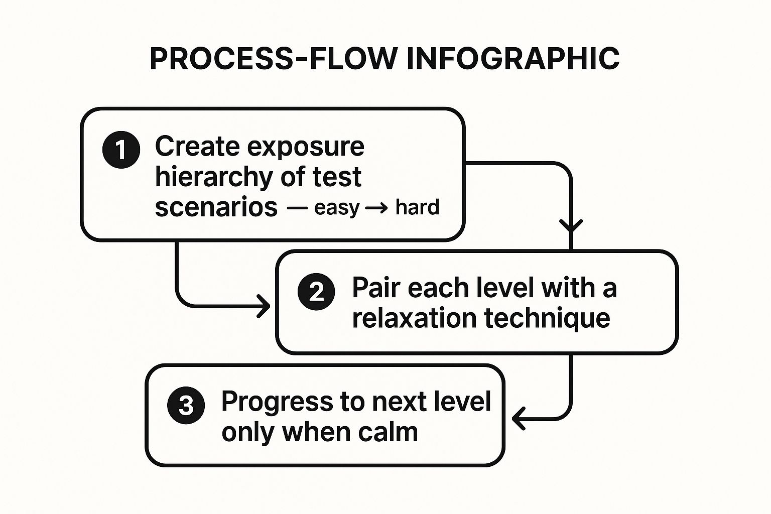 Infographic showing the three-step process for systematic desensitization: 1) Create an exposure hierarchy of test scenarios, 2) Pair each level with a relaxation technique, and 3) Progress to the next level only when calm.