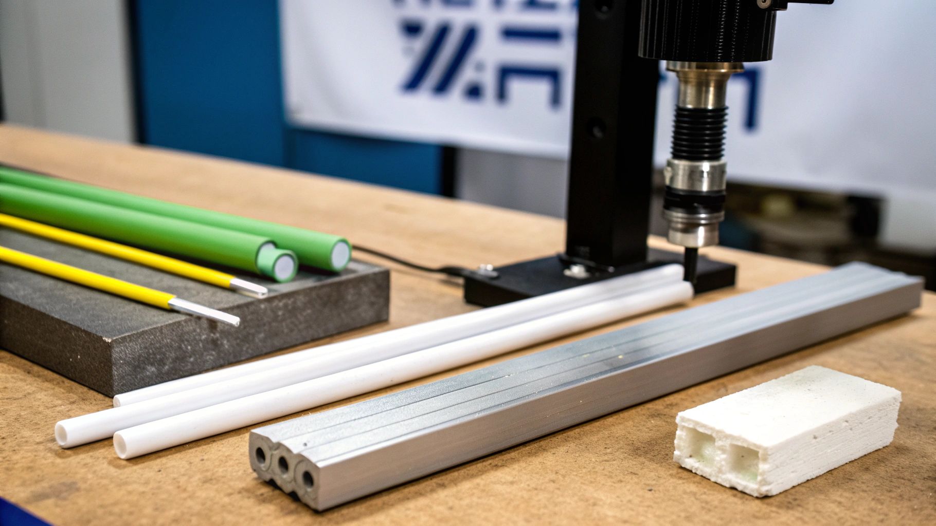 דוגמאות של חומרי גלם שונים לעיבוד שבבי: צינורות פלסטיק, מתכת ופרופילי אלומיניום על שולחן עבודה