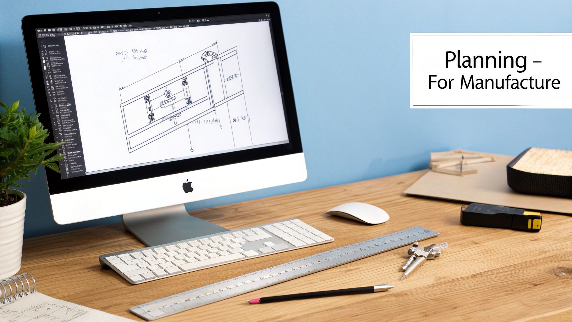 מסך מחשב מציג תוכנית CAD הנדסית לייצור, על שולחן עבודה עם סרגל וכלי תכנון
