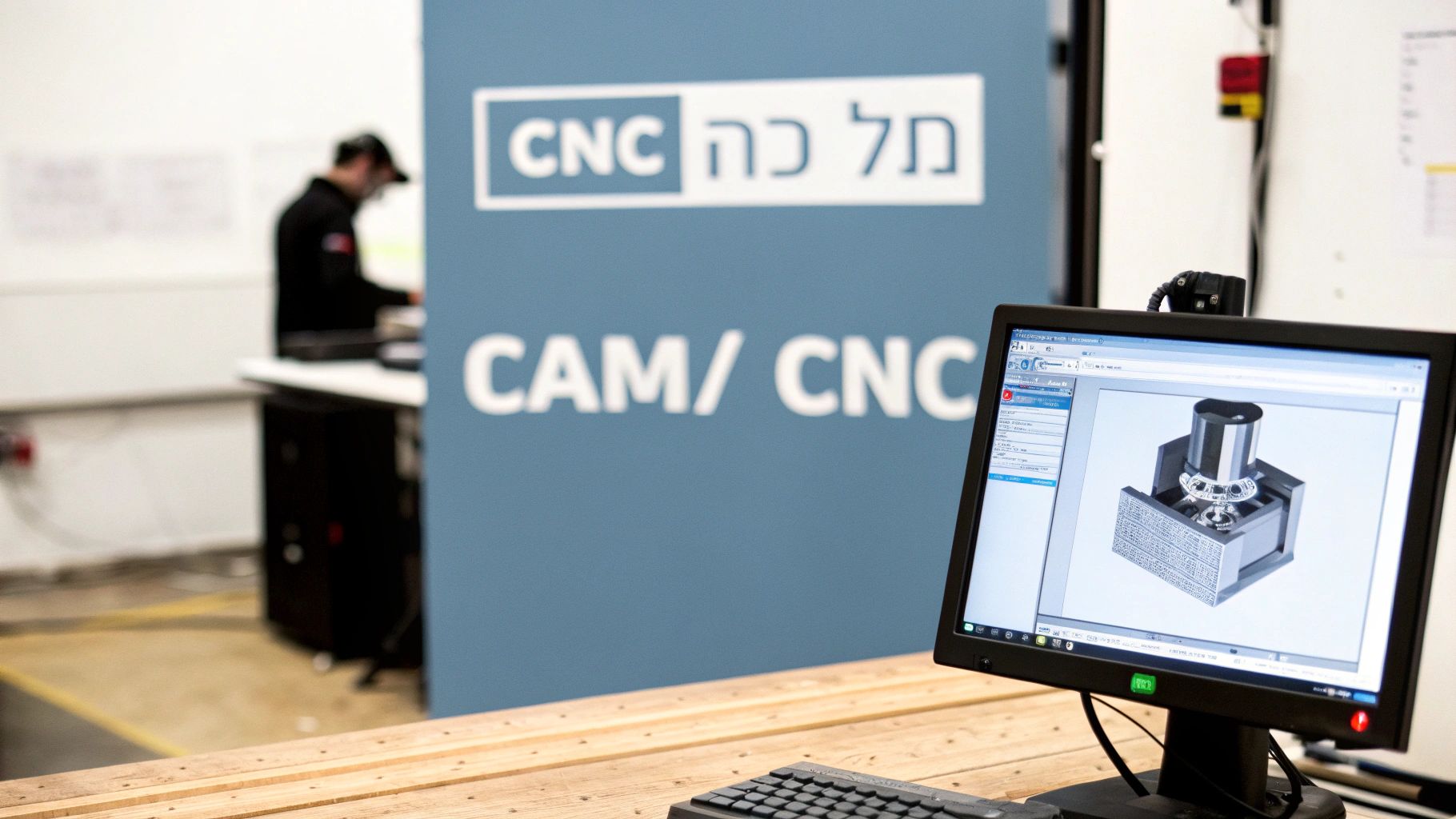 מסך מחשב מציג עיצוב תלת מימדי של רכיב מתכת ליד מכונת CNC במפעל עיבוד שבבי מודרני