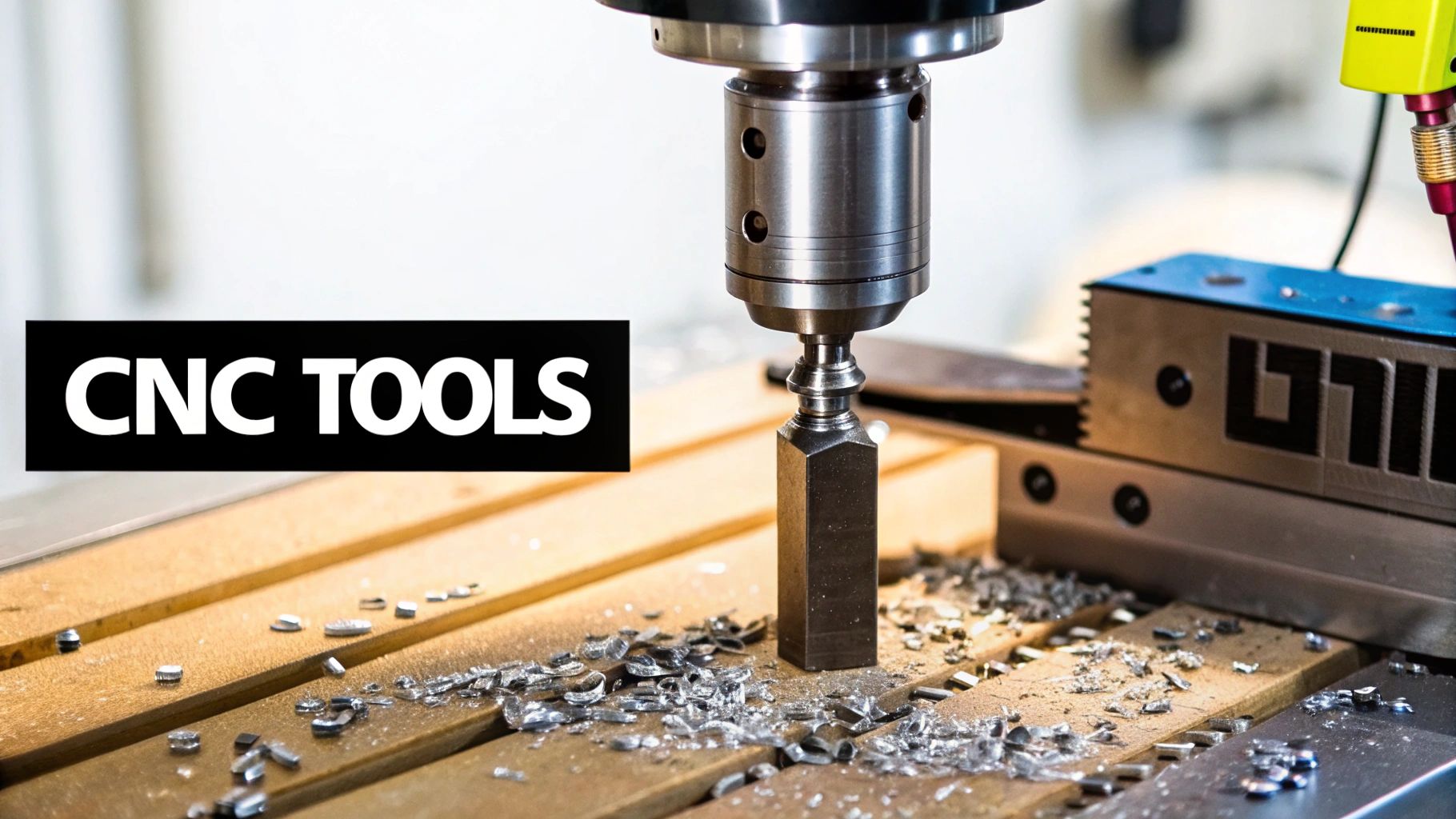 כלי CNC במהלך עיבוד שבבי של חומר מתכתי, עם שבבי מתכת מפוזרים על משטח העבודה