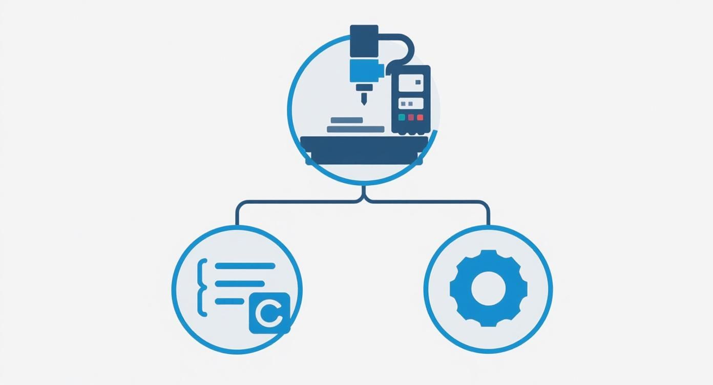 תרשים היררכי של תהליך עיבוד שבבי CNC - מכונת כרסום ממוחשבת, קוד תכנות והגדרות מכנות