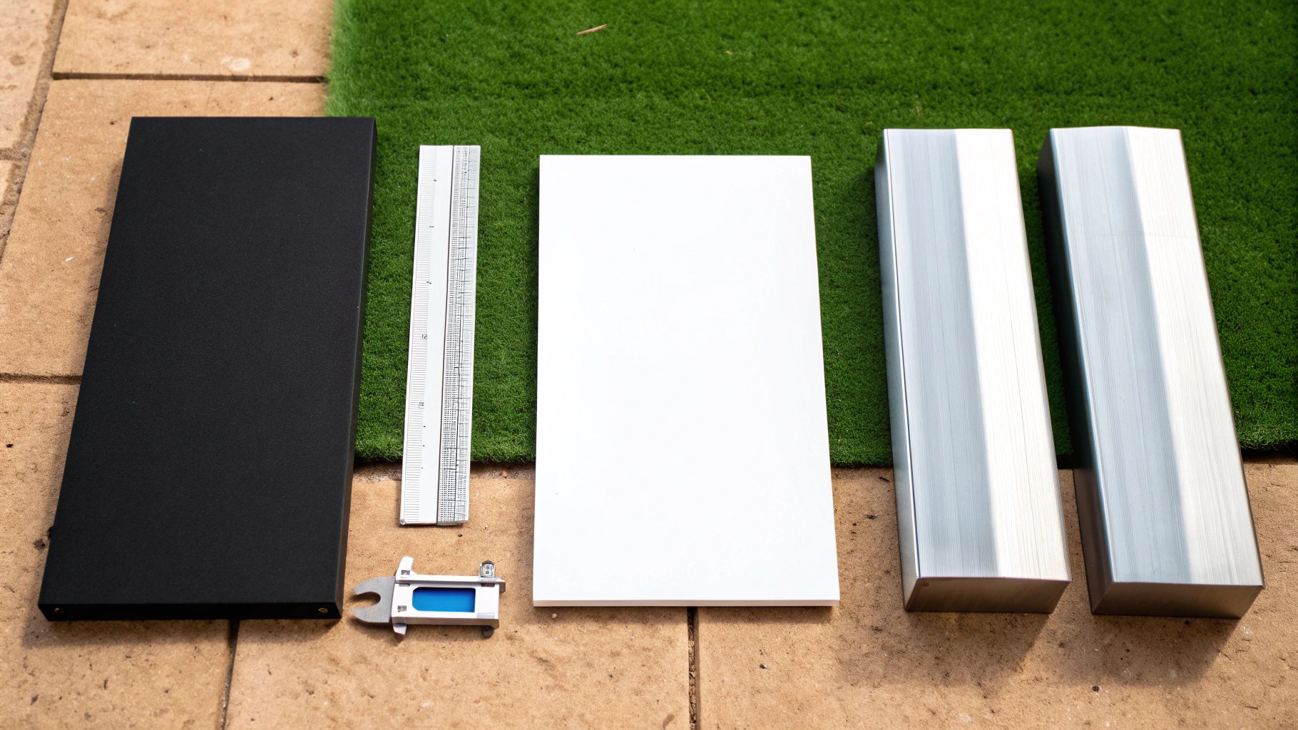 לוחות אלומיניום ופלסטיק מוכנים לעיבוד שבבי CNC עם כלי מדידה על משטח עבודה