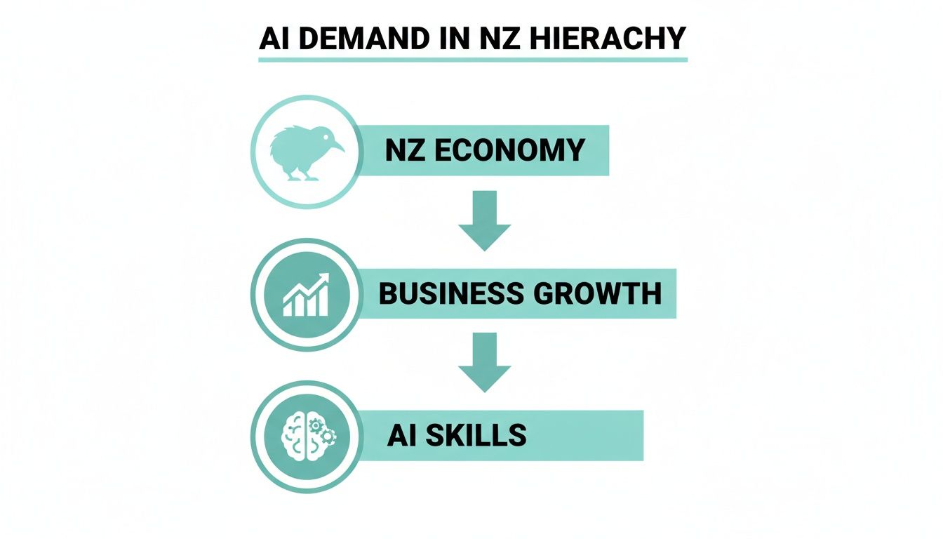 Hierarchy illustrating AI demand in New Zealand, from economy to business growth and AI skills.