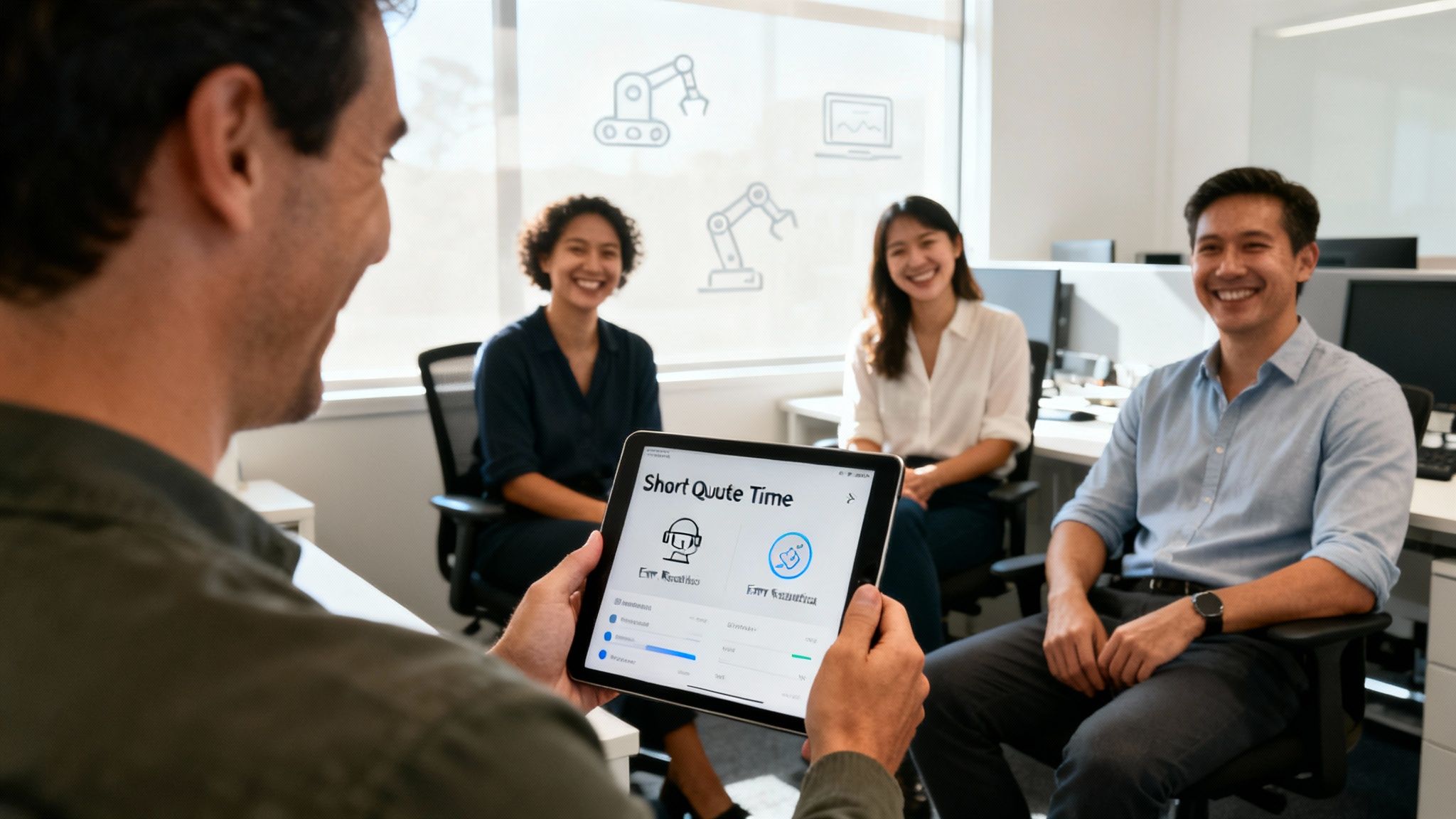 A man holds a tablet with a business app, presenting to three smiling colleagues in a bright office.